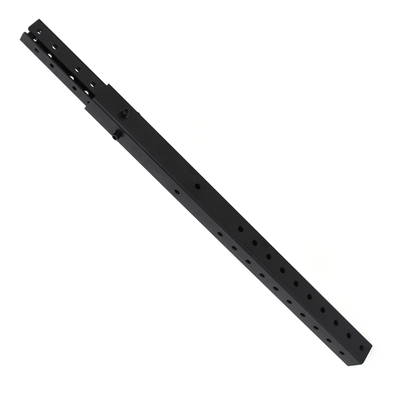 A long, black metal arm with a series of evenly spaced holes along its length. It looks like an X-Frame Upright Extension from No Sync To Channel Engine, seamlessly integrating into customizable mounting or support setups. The product is photographed against a white background.