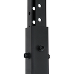 Here's a revised version of the sentence using the provided product data:

Close-up of the X-Frame - Upright Extension - 3ft by No Sync To Channel Engine, a black metal adjustable telescopic pole with multiple circular holes and a small knob, indicative of its use in modular systems or rig and rack kits for mounting or supporting equipment.