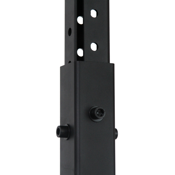Here's a revised version of the sentence using the provided product data:

Close-up of the X-Frame - Upright Extension - 3ft by No Sync To Channel Engine, a black metal adjustable telescopic pole with multiple circular holes and a small knob, indicative of its use in modular systems or rig and rack kits for mounting or supporting equipment.