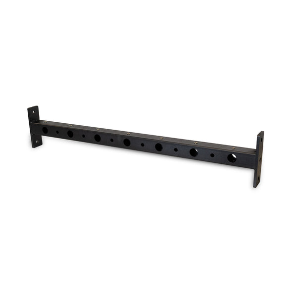 The SMAI X-Frame - Hybrid Cross Beam is a black metal bracket inspired by squat rack design, featuring multiple circular holes along its length and flat plates with screw holes at each end for secure wall or surface mounting.