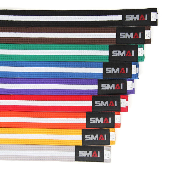 Martial Arts Belt - White Stripe Flay lay all lined up