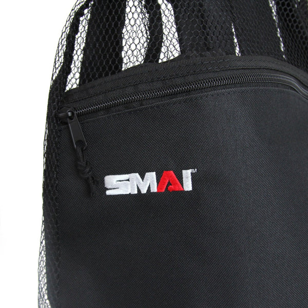 Close Up of SMAI Embroidery logo Mesh Back Pack 