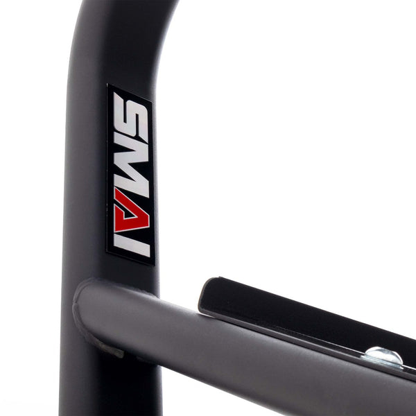 SMAI Black Dumbbell 3 Tier Elite Rack (empty) Close up SMAI Logo
