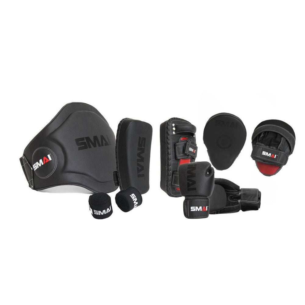 Elite85 Trainer Combo Kit includes 1 x Pair Elite85 Boxing Gloves  1 x Pair Elite85 Focus Mitts  1 x Pair Elite 85 Thai Pads  1 x Elite 85 Belly Pad  1 x Pair Hand Wraps in Black