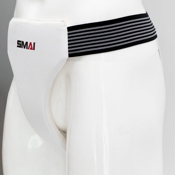 WKF Approved Female Groin Guard - Elastic on mannequin 