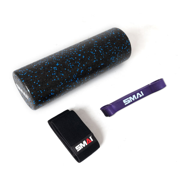 Firm Recovery & Stretch Pack includes  1 x Rubber Resistance Band 50lb  1 x Knitted Resistance Band Mini - Black  1 x Foam Roller - Half Length Firm