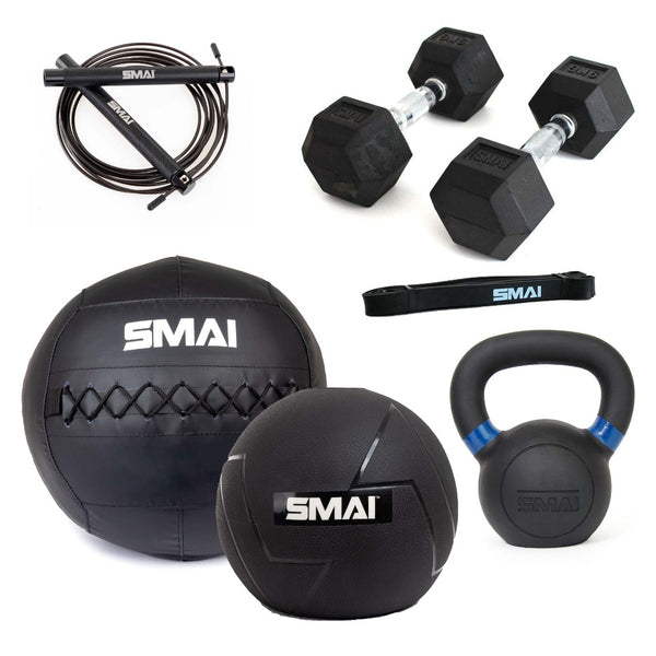 Home Functional Fitness - Intermediate Pack 1 x Pair of Rubber Hex Dumbbells - 12.5kg  1 x Cast Iron Kettlebell - 8kg  1 x Slam Ball v2 - 12kg  1 x Wall Ball - 9kg  1 x Rubber Resistance Band - 50lbs  1 x Speed Rope - Cross Training Black Aluminium
