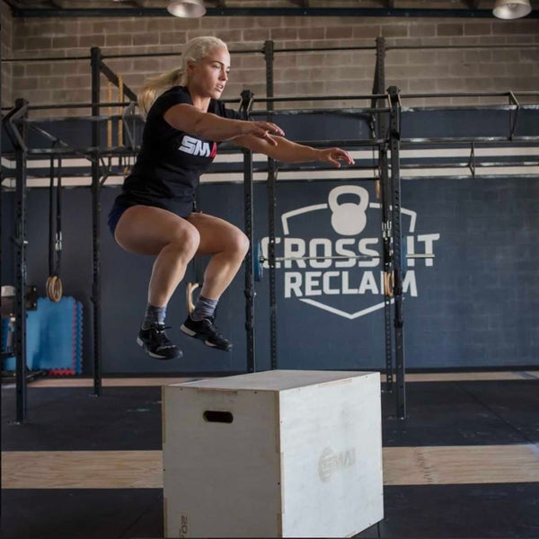 Plyometric Box - Competition Wood Jessica Coughlan Jumping on  a SMAI Plyometric Box