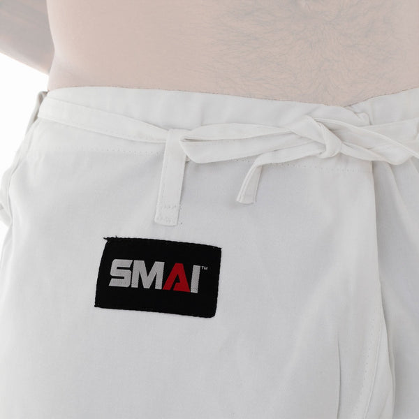 Judo Uniform - Single Weave Gi (White) Close up of SMAI Logo on Pants