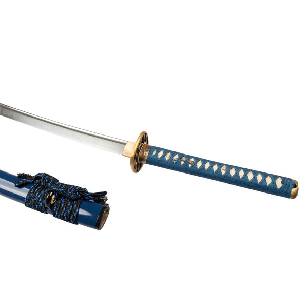 Katana - Damascus Blue Close up of unsheathed Sword and Handle
