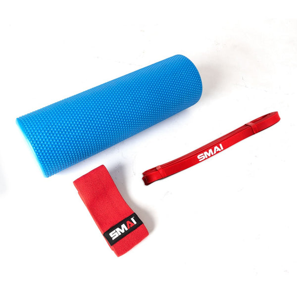 Light Recovery & Stretch Pack Pack includes  1 x Rubber Resistance Band 10lb  1 x Knitted Resistance Band Mini - Red  1 x Foam Roller - Half Length