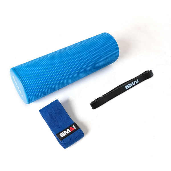 Medium Recovery & Stretch Pack Pack includes  1 x Rubber Resistance Band 25lb  1 x Knitted Resistance Band Mini - Blue  1 x Foam Roller - Half Length