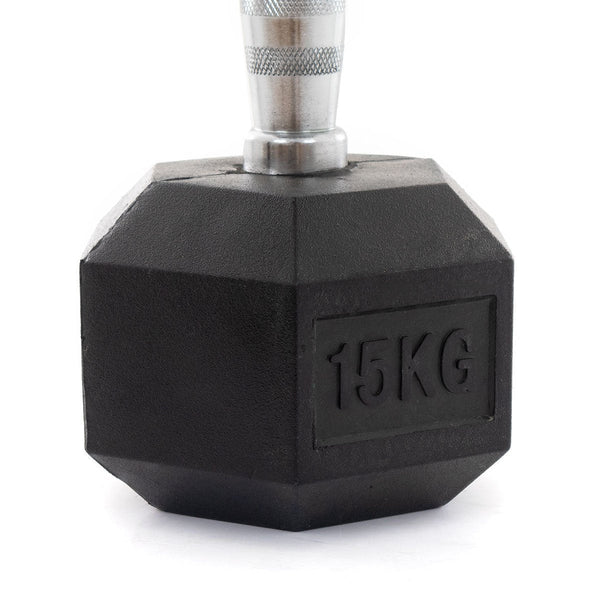 A close-up of a Rubber Hex Dumbbell Classic from SMAI showcases its 15 kg weight, featuring a black, heavy-duty rubber finish with clearly engraved markings on one side. The metal handle is chrome with a textured design for an enhanced grip.