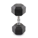 A single 15 kg Rubber Hex Dumbbell from the SMAI Rubber Hex Dumbbells Classic set, featuring a chrome grip, is displayed upright on a white background, highlighting its textured metal handle.