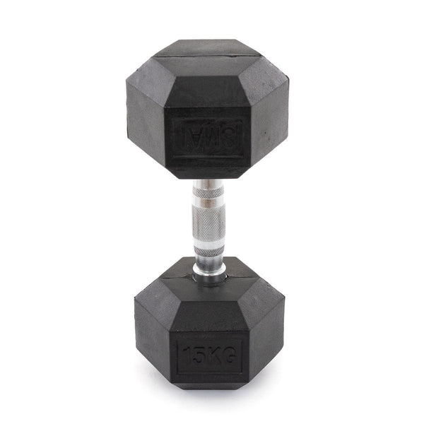 A single 15 kg Rubber Hex Dumbbell from the SMAI Rubber Hex Dumbbells Classic set, featuring a chrome grip, is displayed upright on a white background, highlighting its textured metal handle.