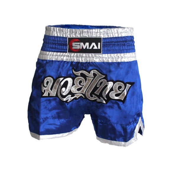 Muay Thai Shorts V2 - Blue / Silver Front View