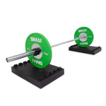Stackable Rubber Deadlift Pads with barbell and weights